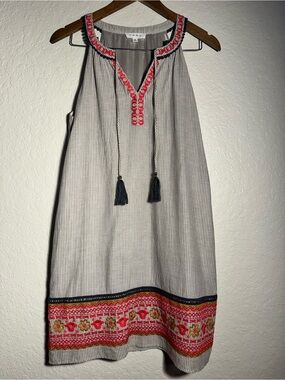 THML Embroidered Tassel Boho Shift Dress Gray Striped Halter Lined